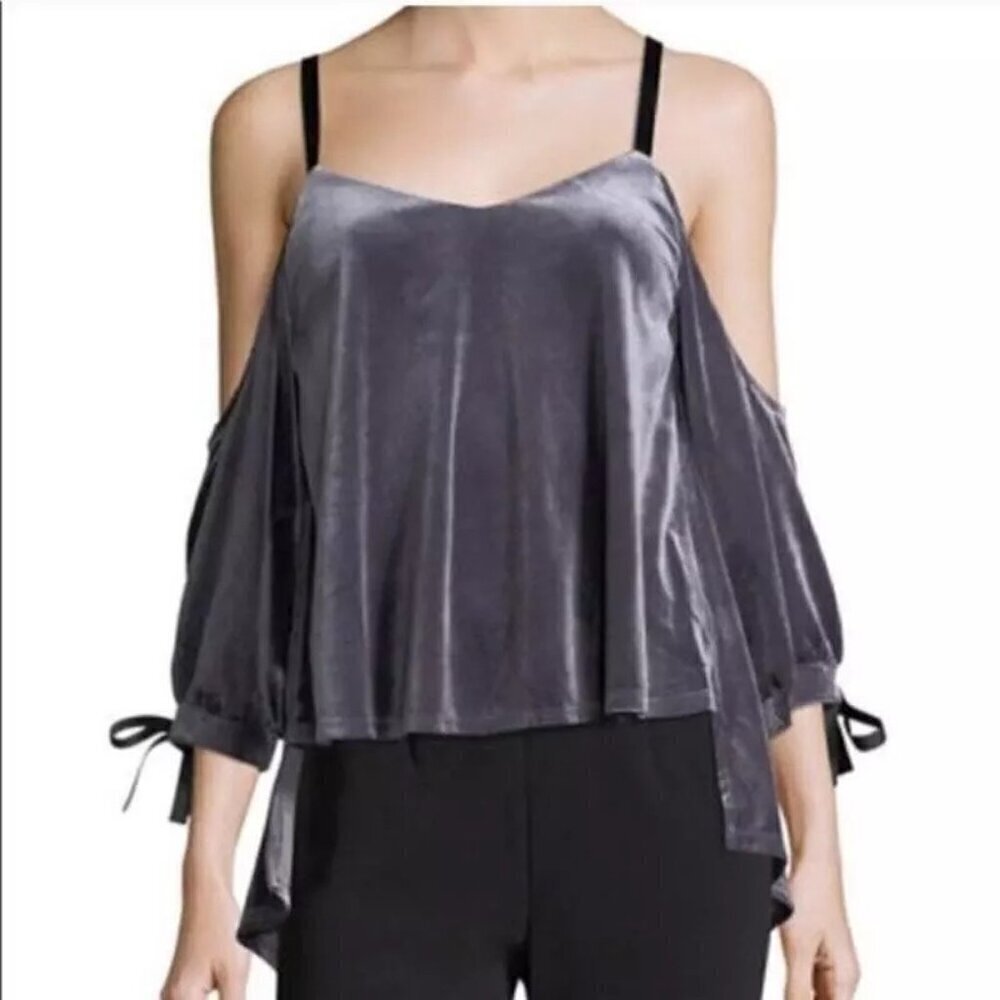 NWT Romeo & Juliet Couture Gray Purple Velvet Cold Shoulder Open Back Tie Top